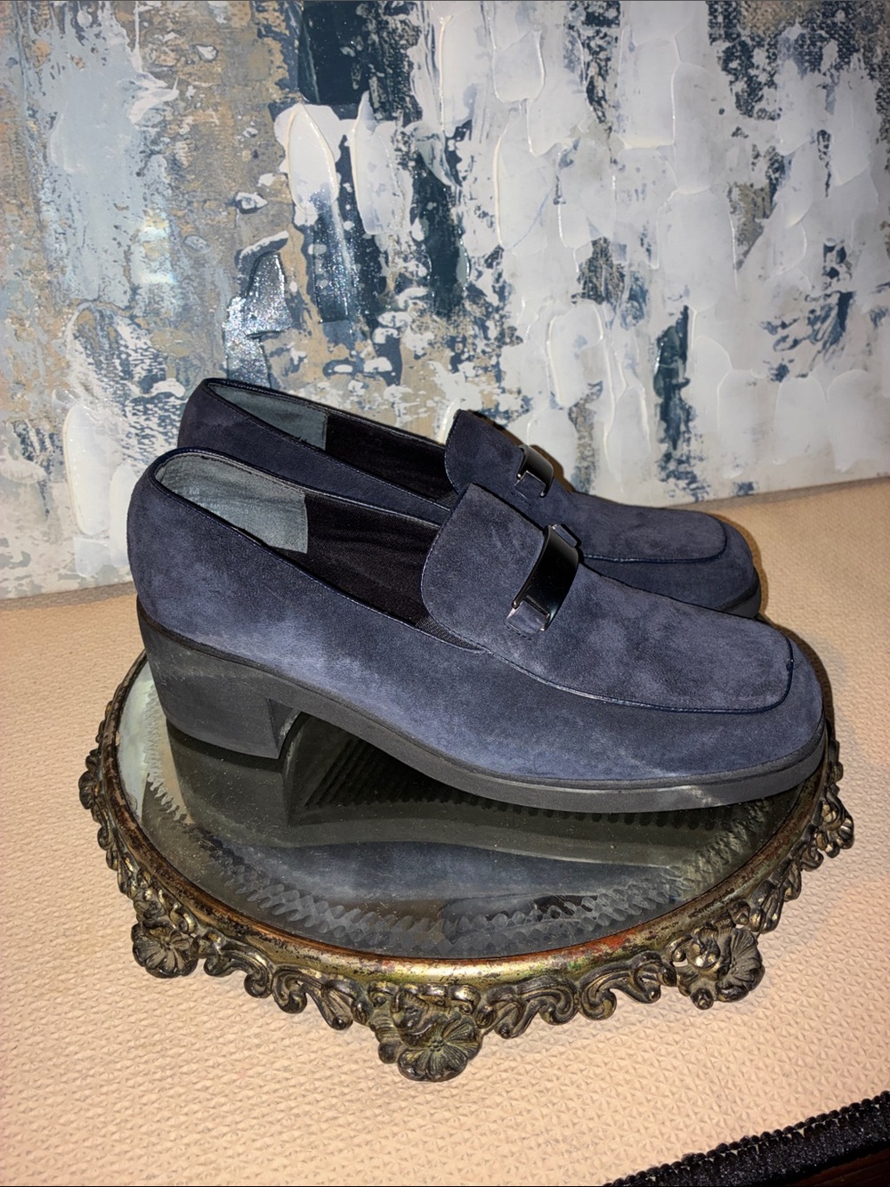EUC Hush Puppies Navy Suede Loafers with Low Block Heel Size 8.5